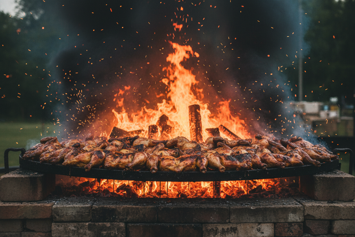 large bbq pit with chicken sizzling and smoke and embers flying everywhere